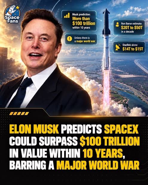 🚀 A $100 TRILLION SpaceX? Elon Musk just made an extraordinary prediction  about the company's future! Musk believes SpaceX could be worth more than  $100 trillion within 10 years, provided a major