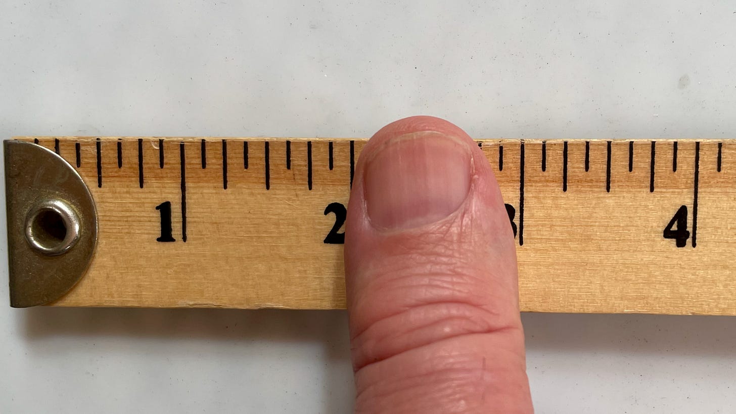 Man's thumb on a wooden ruler that is marked in inches Man's thumb on a wooden ruler that is marked in inches