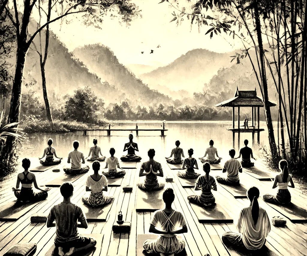 A black and white painting of a serene yoga retreat with men and women practicing yoga together. They are on wooden platforms or mats in a peaceful outdoor setting, surrounded by nature, trees, and distant mountains. Some are in meditation while others are in various yoga poses. The background is soft and minimalistic, with expressive charcoal or ink brush strokes to create a tranquil and meditative atmosphere.