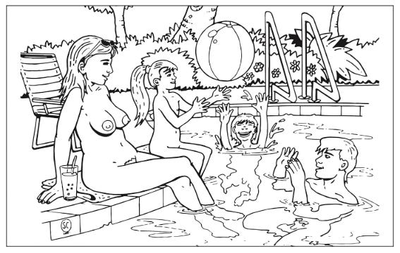 Line drawing of a nude family at a swimming pool. Two children play with a beach ball in the water while another sits on the edge beside their mother, who dips her feet in the pool with a drink by her side.