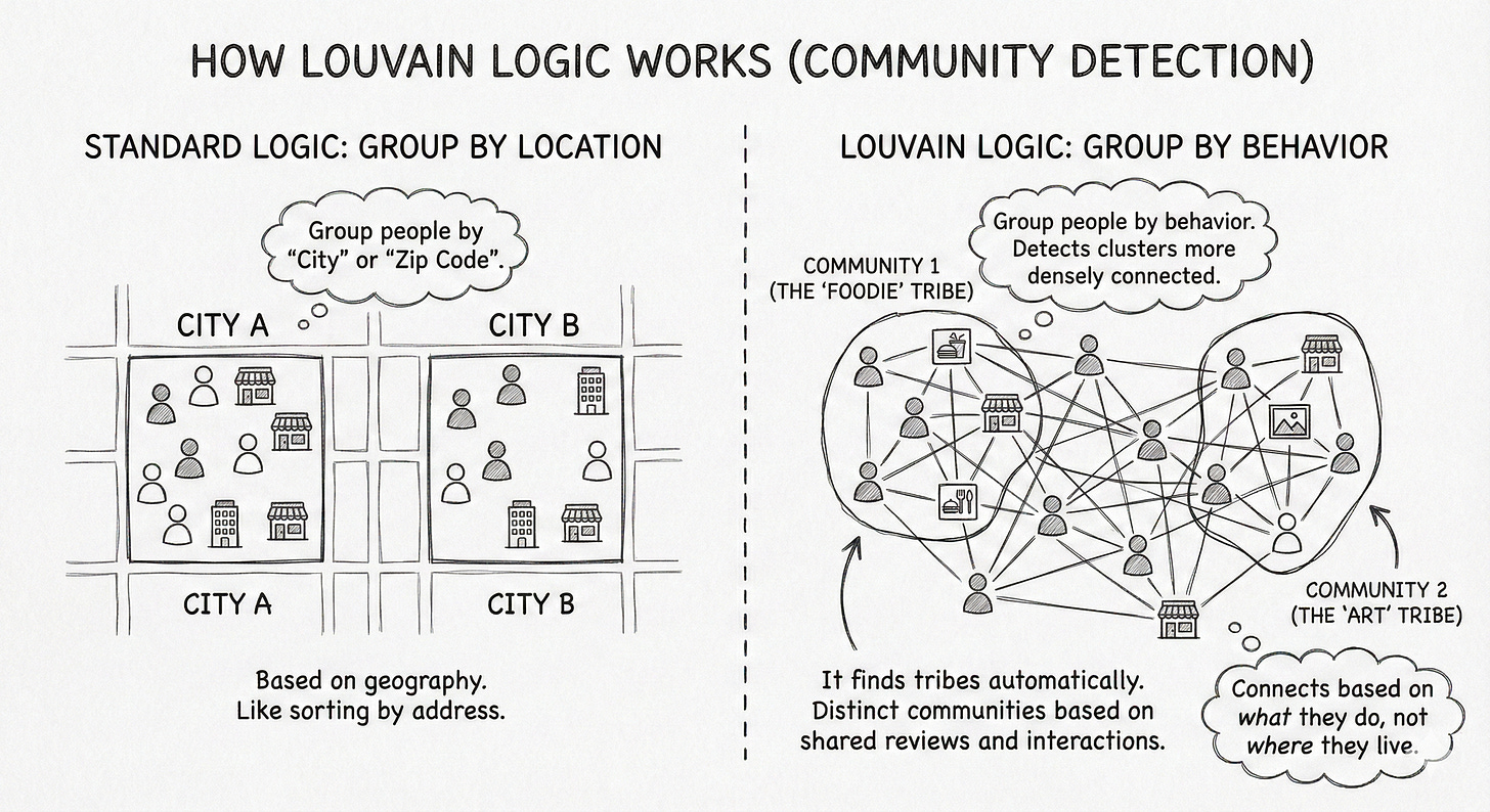 A comparison diagram. The left side shows "Standard Logic" grouping users by city grids. The right side shows "Louvain Logic" grouping users into "Foodie" and "Art" tribes based on the density of their interactions, ignoring geographic boundaries.