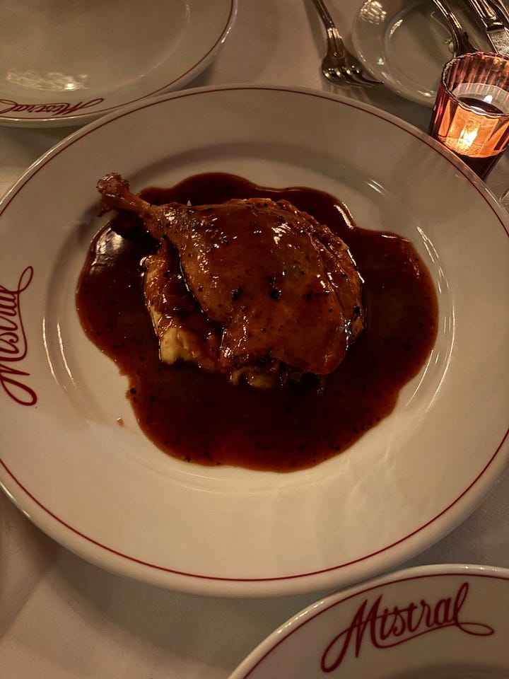 French onion soup and duck a l'orange at Mistral