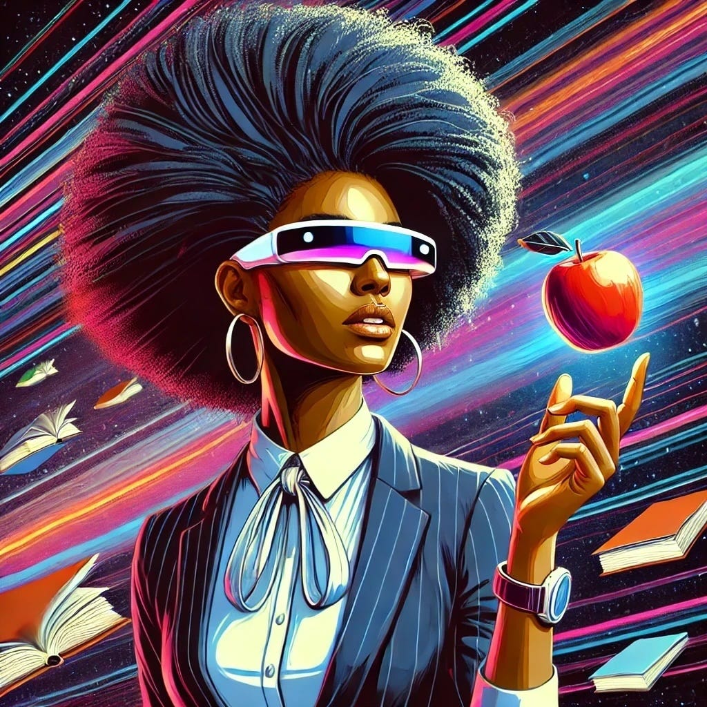 Futuristic illustration of a stylish woman wearing VR/AR glasses with a large, voluminous afro. She is balancing a floating apple in one hand, symbolizing education, while books float around her in a cosmic, colorful background with streaks of light.