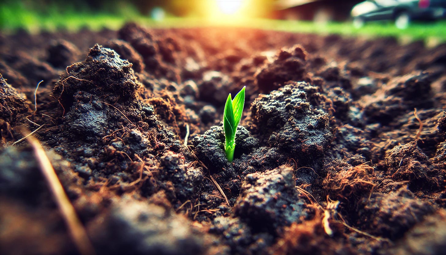 An image of a green shoot poking out of brown soil. The sun is rising in the distance.