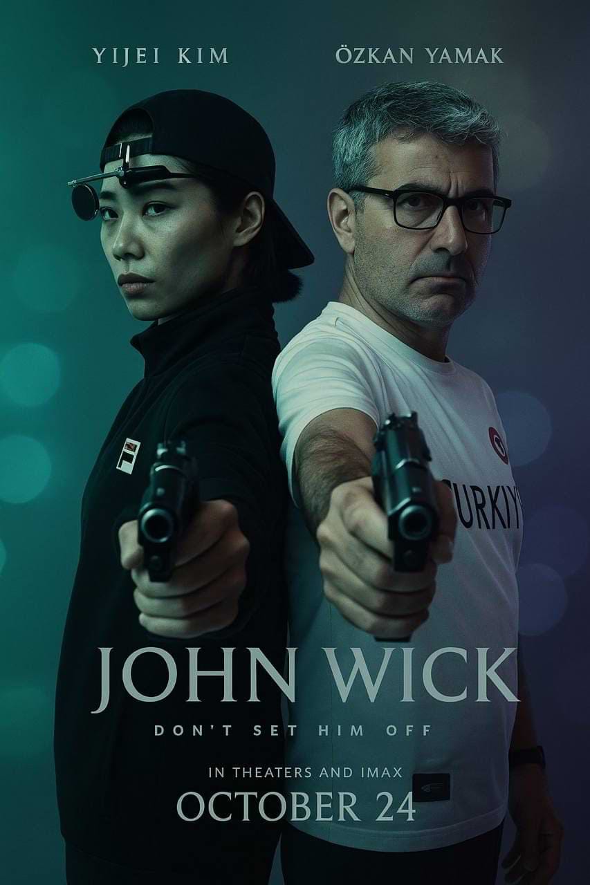 AI-generated movie poster made with ChatGPT’s GPT-4o, styled after John Wick. It features two people aiming guns, with moody teal lighting, cinematic fonts, a bold tagline ('Don’t Set Him Off'), and a fictional release date—showcasing GPT-4o’s ability to mimic film branding and tone.