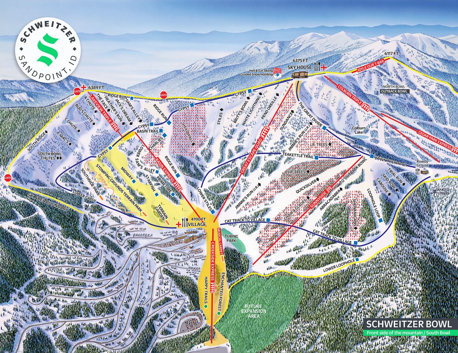 Schweitzer's updated 2023-24 trailmap shows the new Creekside Express quad where the Musical Chairs double once ran. The lower parking lot will not be open this winter - skiers will continue to park in the old lot and ski down over a snowbridge. The updated trailmap also shows the adjacent terrain as a "future expansion area" for the first time.