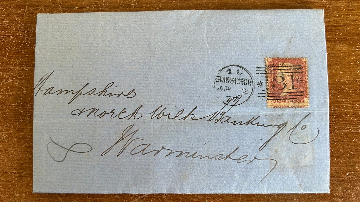 A letter from 1877 with a Penny Red stamp attached. It is addressed to Hampshire and North Wilts Banking Warminster. It is handwritten 