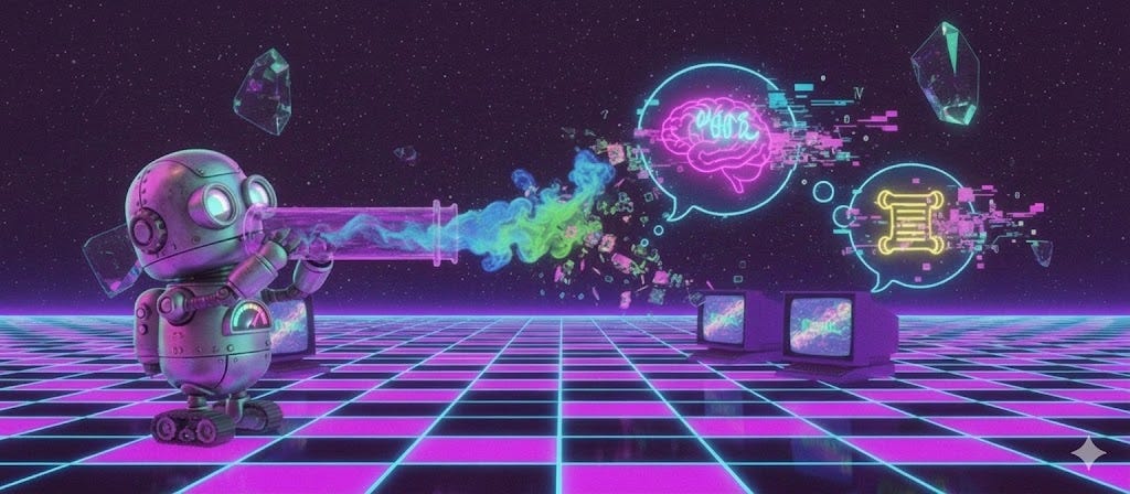 A cute robot using a glass pipe to emit colorful soap bubbles