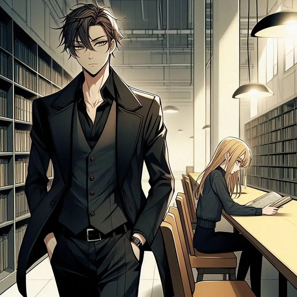 A young and skinny man with well styled brown hair and a fully black suit and black shirt and no tie walking through a college library to a table where a blonde woman sits reading alone . Anime art style. dark. modern. A young and skinny man with well styled brown hair and a fully black suit and black shirt and no tie walking through a college library to a table where a blonde woman sits reading alone . Anime art style. dark. modern.