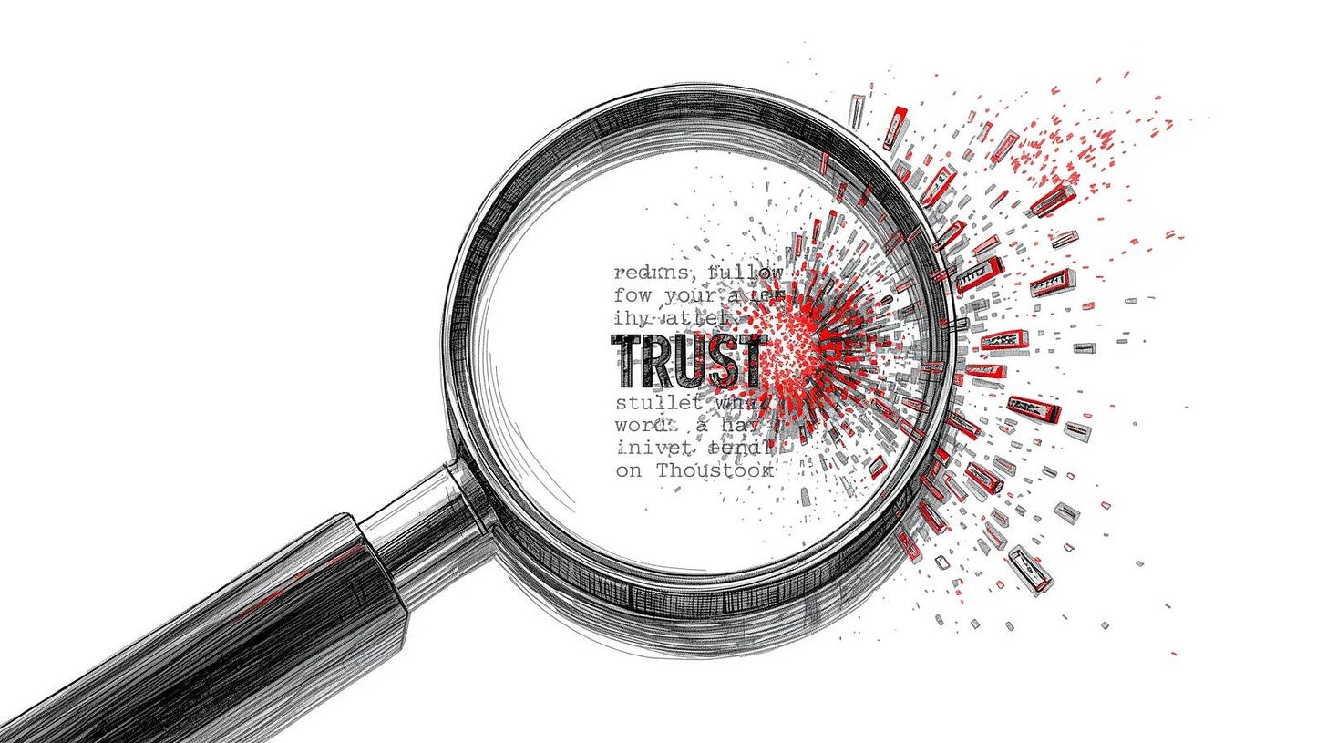 Magnifying glass revealing trust signals dissolving into digital pixels