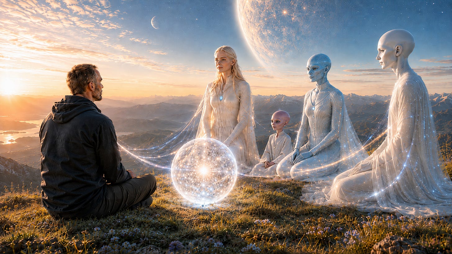 A solitary person sits on a mountain overlook at sunrise facing a small group of luminous, benevolent beings gathered around a glowing sphere, with delicate light connecting them beneath a star-filled sky and distant planet. A solitary person sits on a mountain overlook at sunrise facing a small group of luminous, benevolent beings gathered around a glowing sphere, with delicate light connecting them beneath a star-filled sky and distant planet.