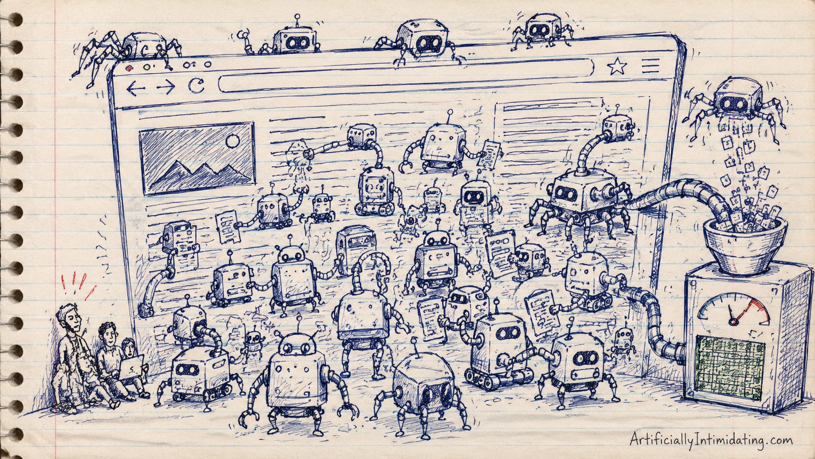 AI Created Hand-drawn editorial cartoon of a giant browser window packed with robots, crawler spiders, and AI agents scraping, copying, and feeding webpage content into a machine. A few tiny humans sit squeezed into the lower-left corner, trying to read while the bots overwhelm the page.