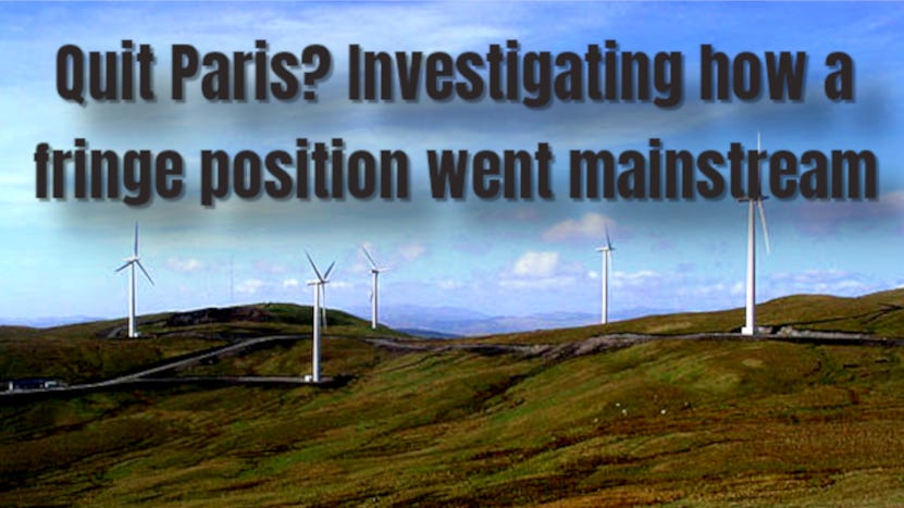 A landscape with rolling green hills featuring several wind turbines under a partly cloudy sky. Overlaid text reads: “Quit Paris? Investigating how a fringe position went mainstream.”