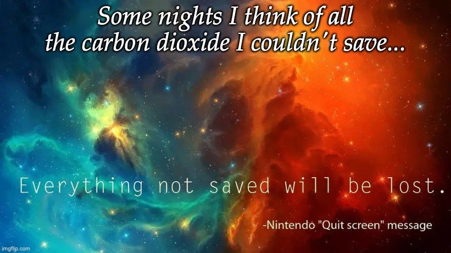 Text over a colorful nebula image. Top, in italics: "Some nights I think of all the carbon dioxide I couldn't save..." Below: "Everything not saved will be lost." Attribution: "-Nintendo "Quit screen" message"
