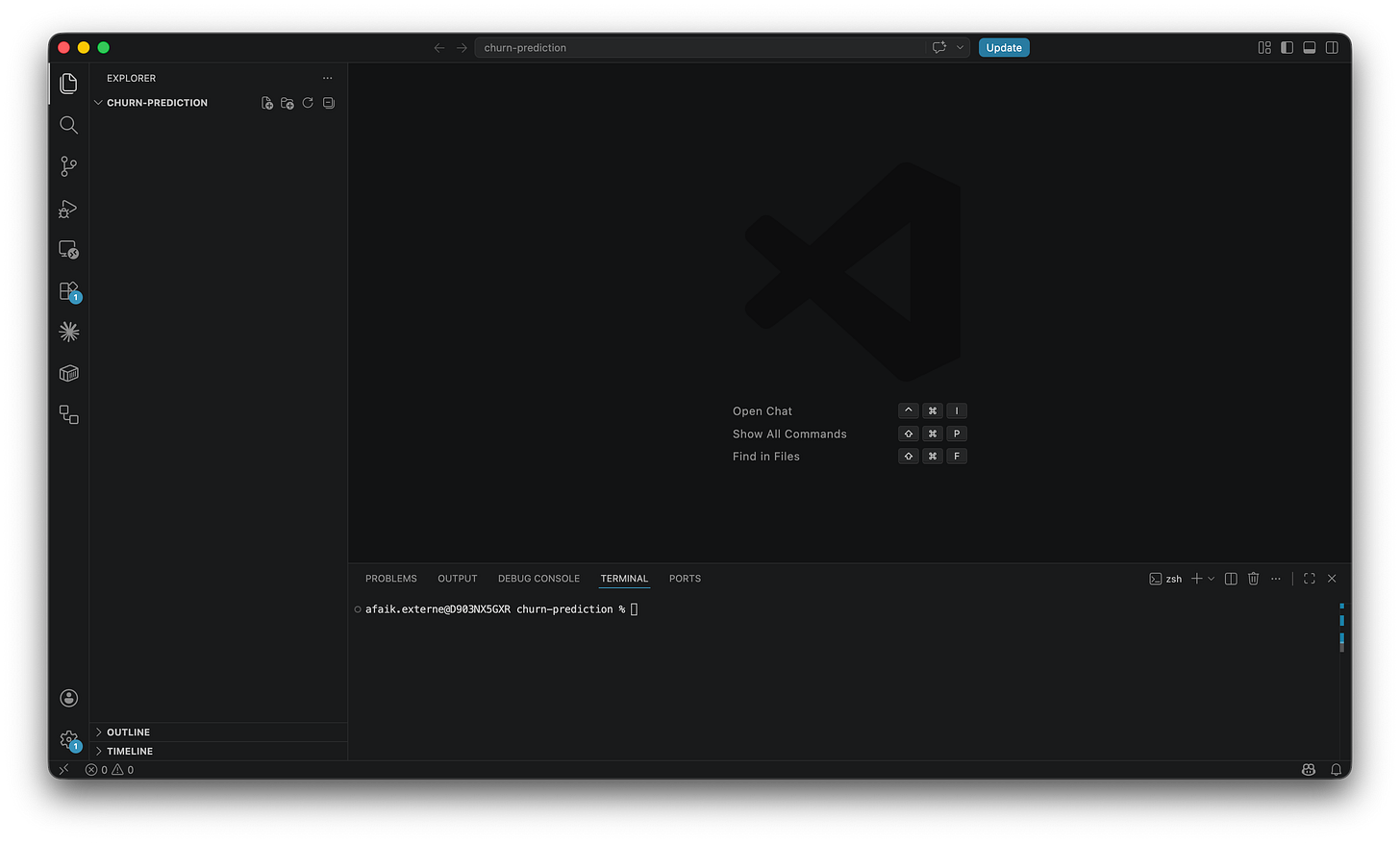 Dark VS Code window with an empty churn-prediction folder in the Explorer panel and the integrated terminal panel showing a clean shell prompt at the bottom