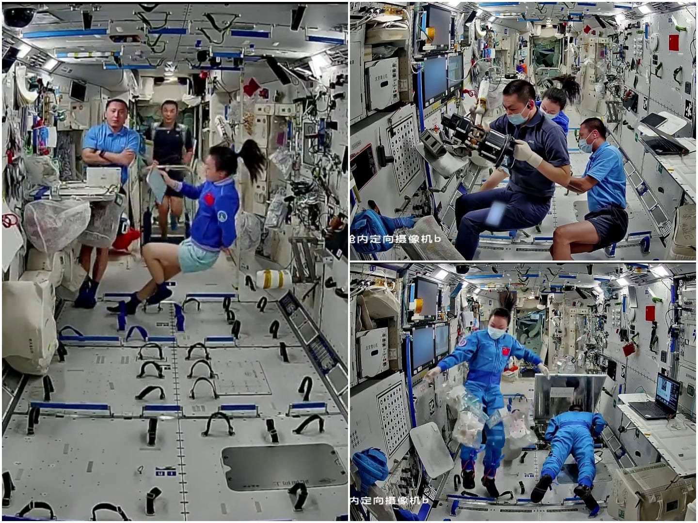 The Shenzhou-23 crew enjoying their free time (left), cleaning parts of experiment units (top right), and gathering microbial samples from around the station (bottom right). The Shenzhou-23 crew enjoying their free time (left), cleaning parts of experiment units (top right), and gathering microbial samples from around the station (bottom right).