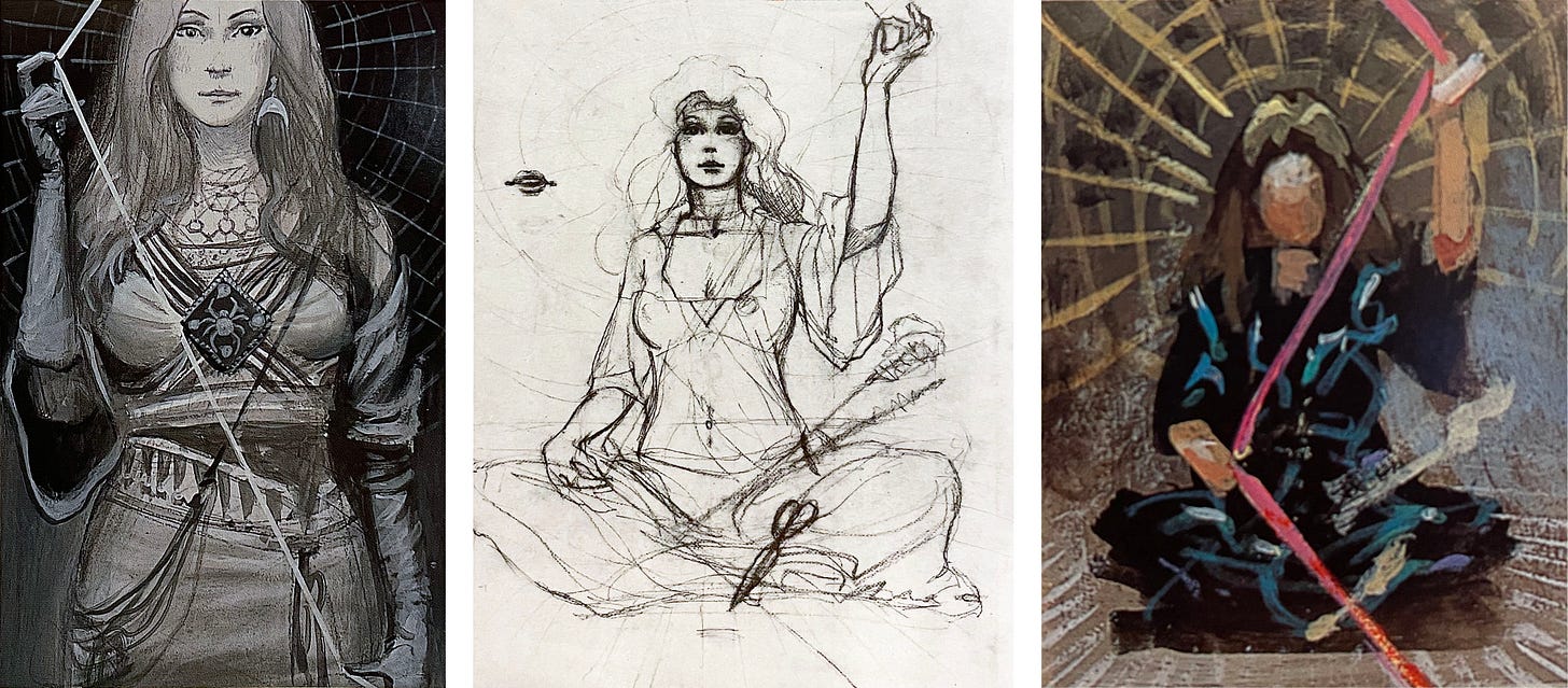 LEFT: Preliminary concept for NIOBE featuring a woman standing in front of a spider's web measuring a "thread of life" pinched at one end near her hip and the other next to her head. Her dress features a swatch bearing the emblem of a spider. CENTER: Preliminary sketch for NIOBE featuring a woman seated as she measures a “thread of life” drawn between pinched fingers, one end in her lap and the other stretched to over her head. A pair of scissors rests against her leg. RIGHT: Color study for NIOBE executed in rough detail. The figure is faceless but she’s in a black dress and is delicately measuring a thread pink with a golden spider web behind her. LEFT: Preliminary concept for NIOBE featuring a woman standing in front of a spider's web measuring a "thread of life" pinched at one end near her hip and the other next to her head. Her dress features a swatch bearing the emblem of a spider. CENTER: Preliminary sketch for NIOBE featuring a woman seated as she measures a “thread of life” drawn between pinched fingers, one end in her lap and the other stretched to over her head. A pair of scissors rests against her leg. RIGHT: Color study for NIOBE executed in rough detail. The figure is faceless but she’s in a black dress and is delicately measuring a thread pink with a golden spider web behind her.