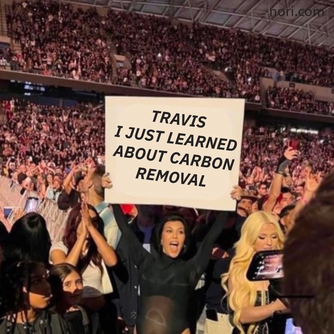 A woman in a stadium crowd holding up a sign reading "Travis I just learned about carbon removal".