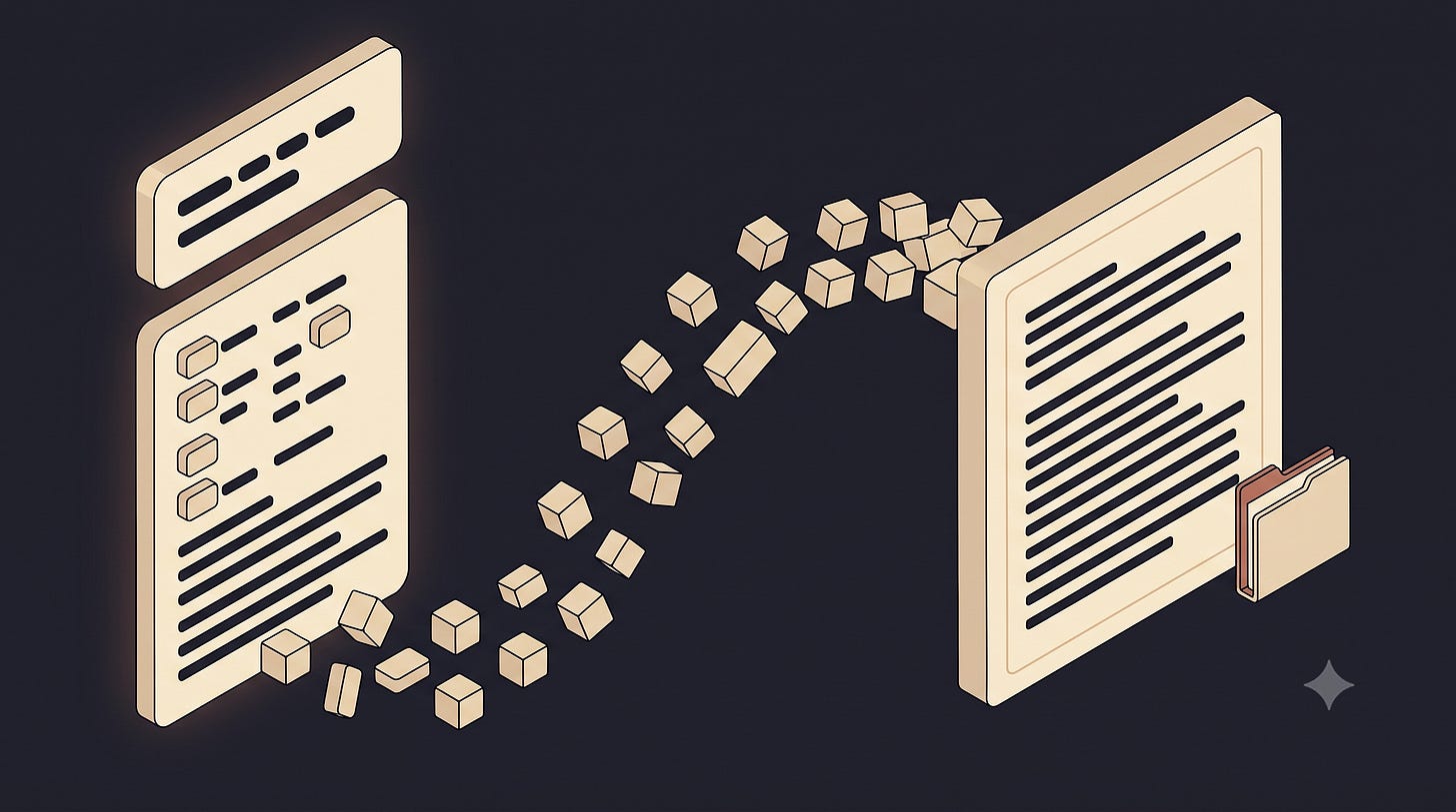 A short prompt and an example file become a structured draft — the whole first version made in a conversation.