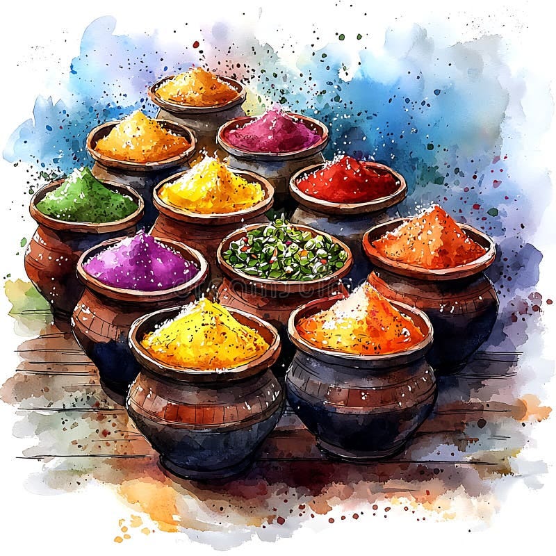 Colorful Spices in Earthenware Bowls a Watercolor Painting of Vibrant  Indian Cuisine Ingredients Stock Illustration - Illustration of aroma,  cuisine: 378764972