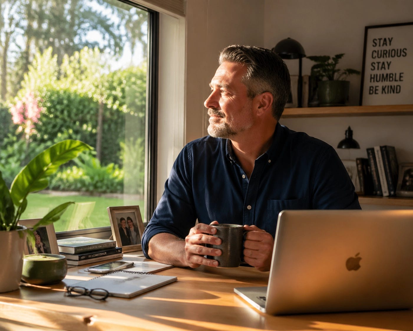 A man reflecting in a sun-drenched office, representing the courage to find purpose after loss.