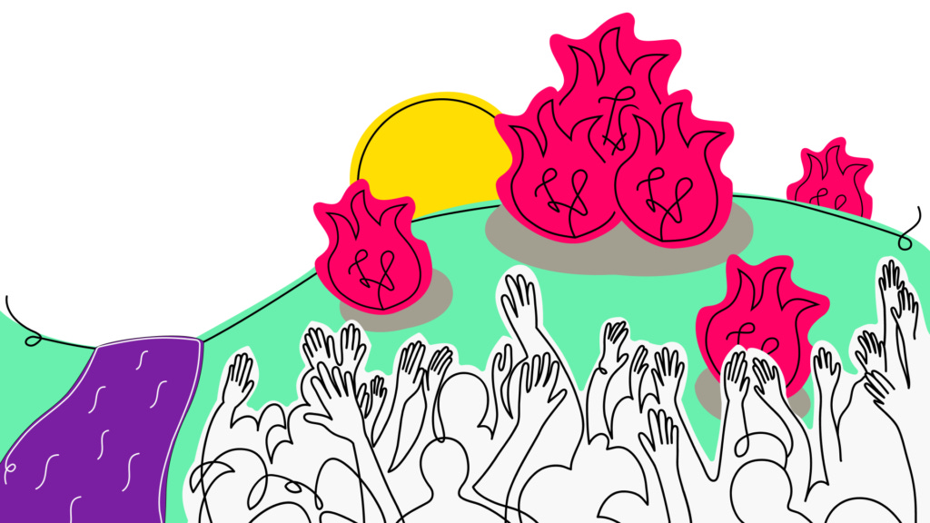 An illustration of people worshipping a raging wildfire