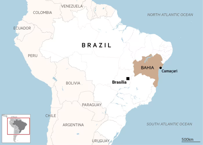 A map highlighting Bahia state in Brazil, with the capital Brasília and the city of Camaçari marked