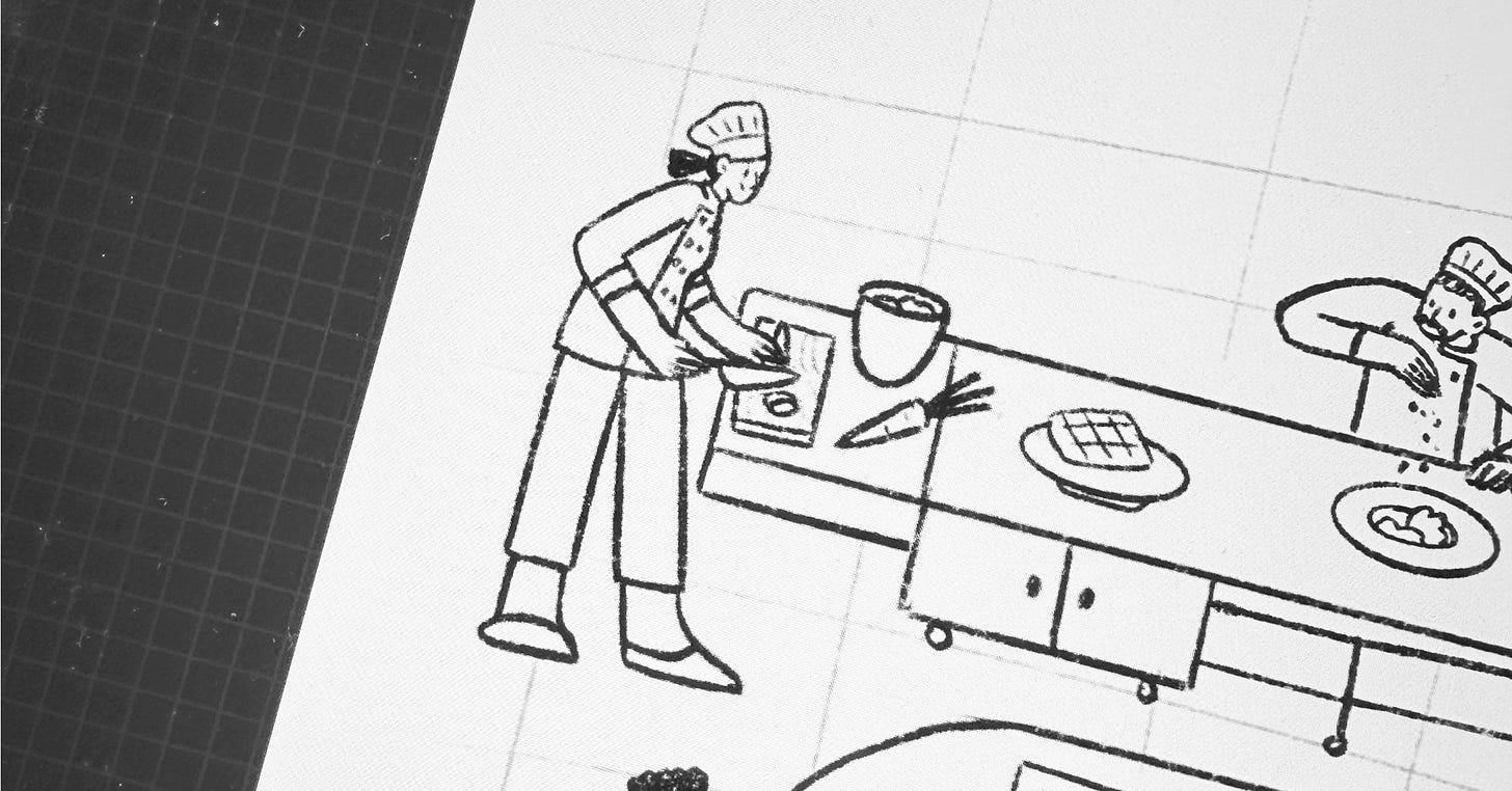 Sketch with the shef cooking.