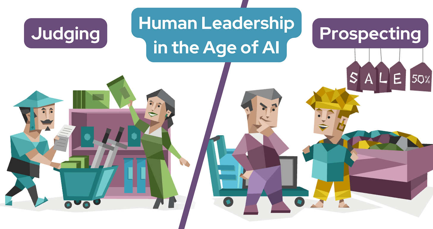 On the left, a Judging man wheels a cart through a library while a woman helps him select books from a set list. On the right, a shopping Prospecting woman holds up a shirt that's on sale, haggling with the shopkeeper for a better price. Text in a blue banner reads: Human Leadership in the Age of AI.