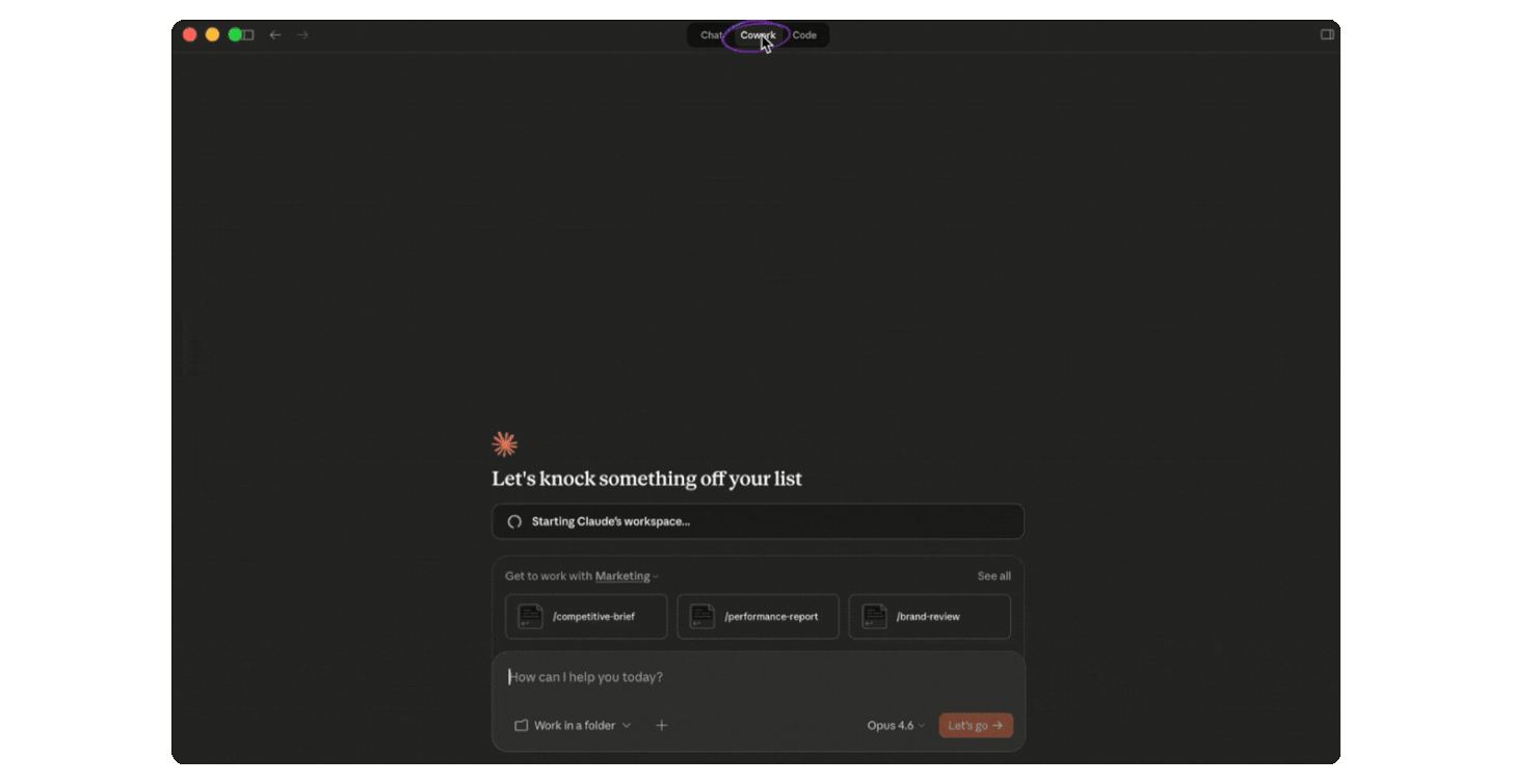 Claude Desktop app showing how to start a Cowork session by clicking the Cowork tab, selecting a folder, and typing a task description.
