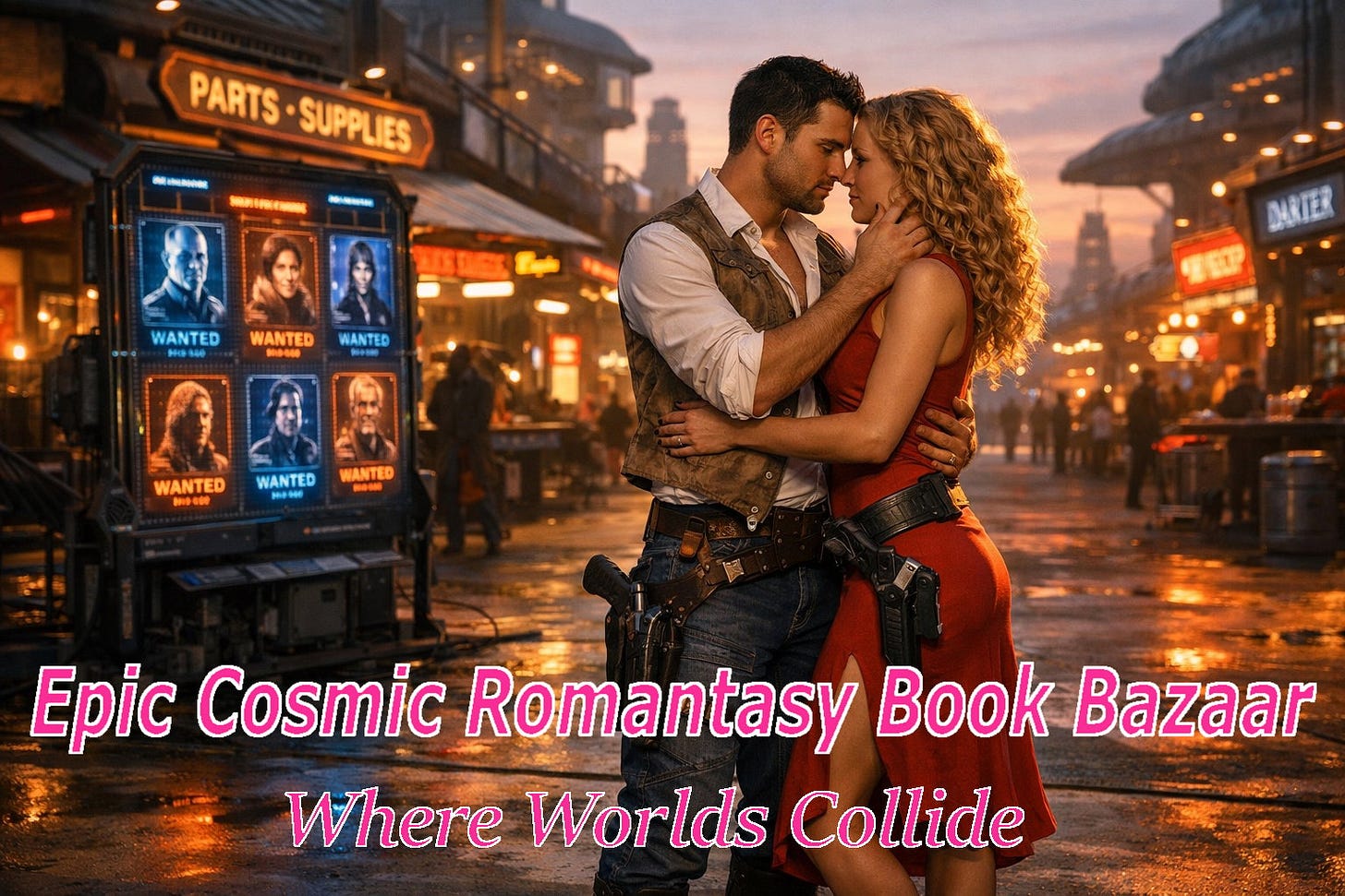 Promotional banner for an Epic Cosmic Romantasy Book Bazaar featuring a futuristic sci-fi city at sunset, a romantic couple embracing in the center, glowing wanted posters in the background, and bold text reading “Epic Cosmic Romantasy Book Bazaar” and “Where Worlds Collide.”