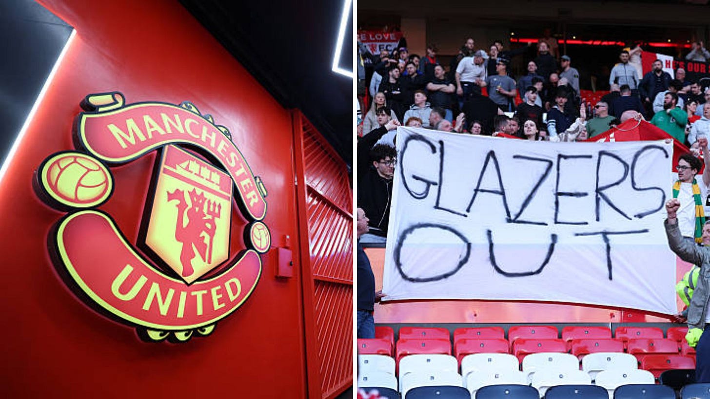 Manchester United badge close up and Man United fans protesting against Glazers