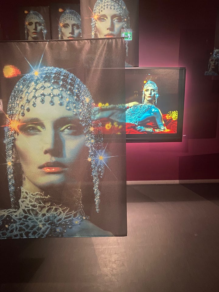 A art exhibition of a bejeweled women at the Fotografiska museum. The stunning view of the Stockholm harbor at the Fotografiska museum restaurant.