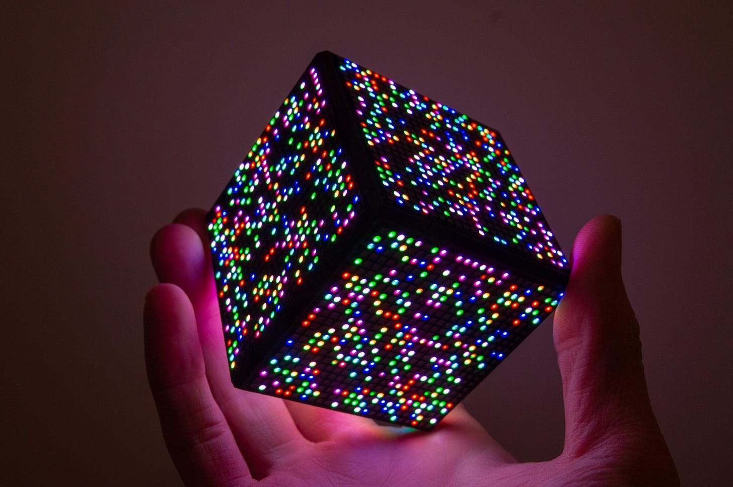 Finished LED cube, lit up in a random pattern