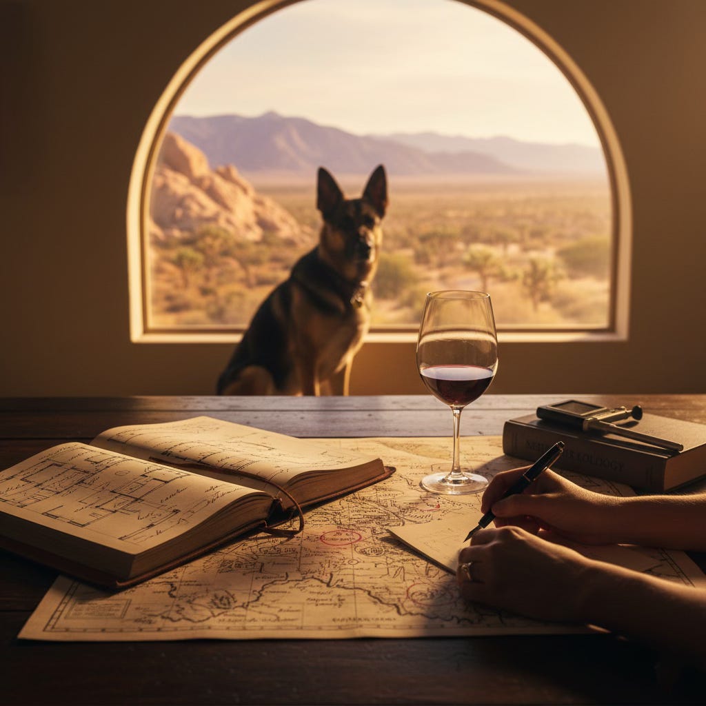 Writing life in the California desert — wine, a journal, and Archie keeping watch over the San Jacinto Mountains