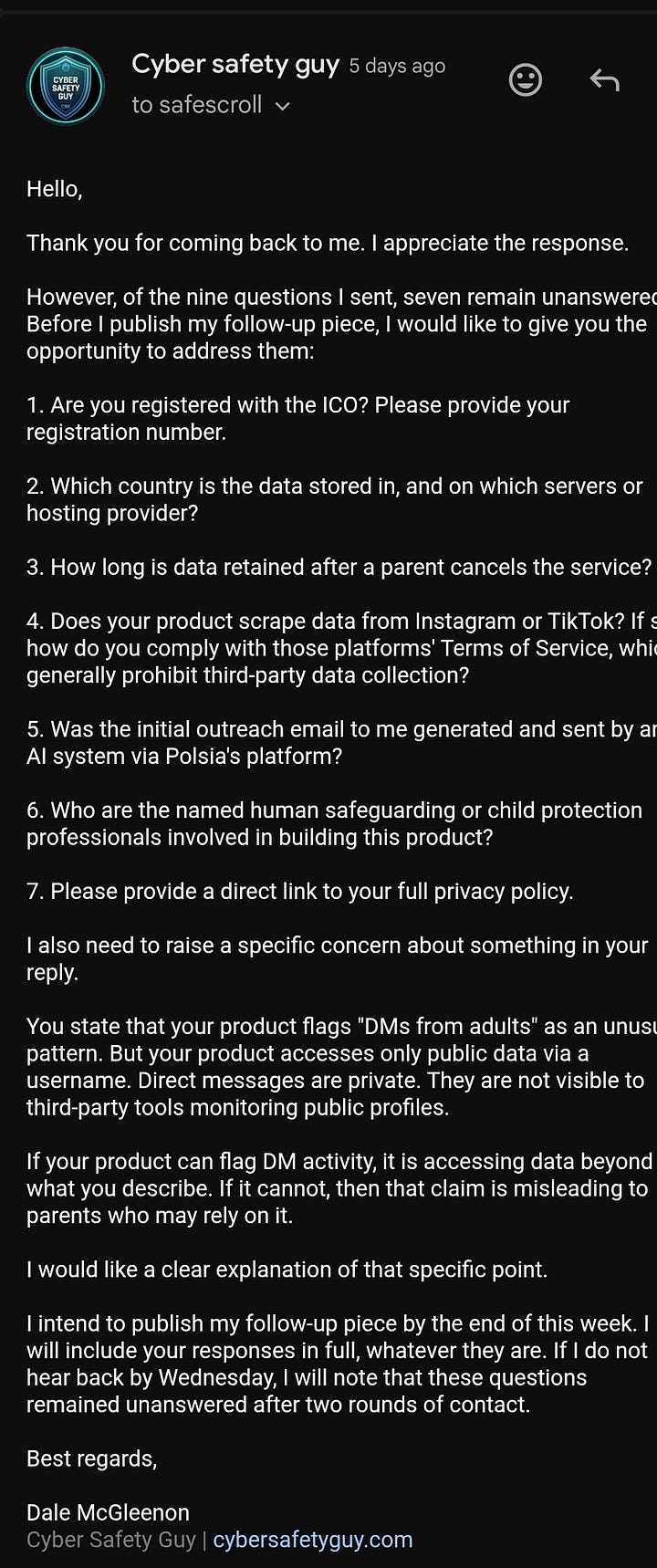screenshots of an email exchange between myself and Safescroill