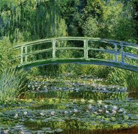 A green Japanese footbridge over a pond thick with lilies A green Japanese footbridge over a pond thick with lilies