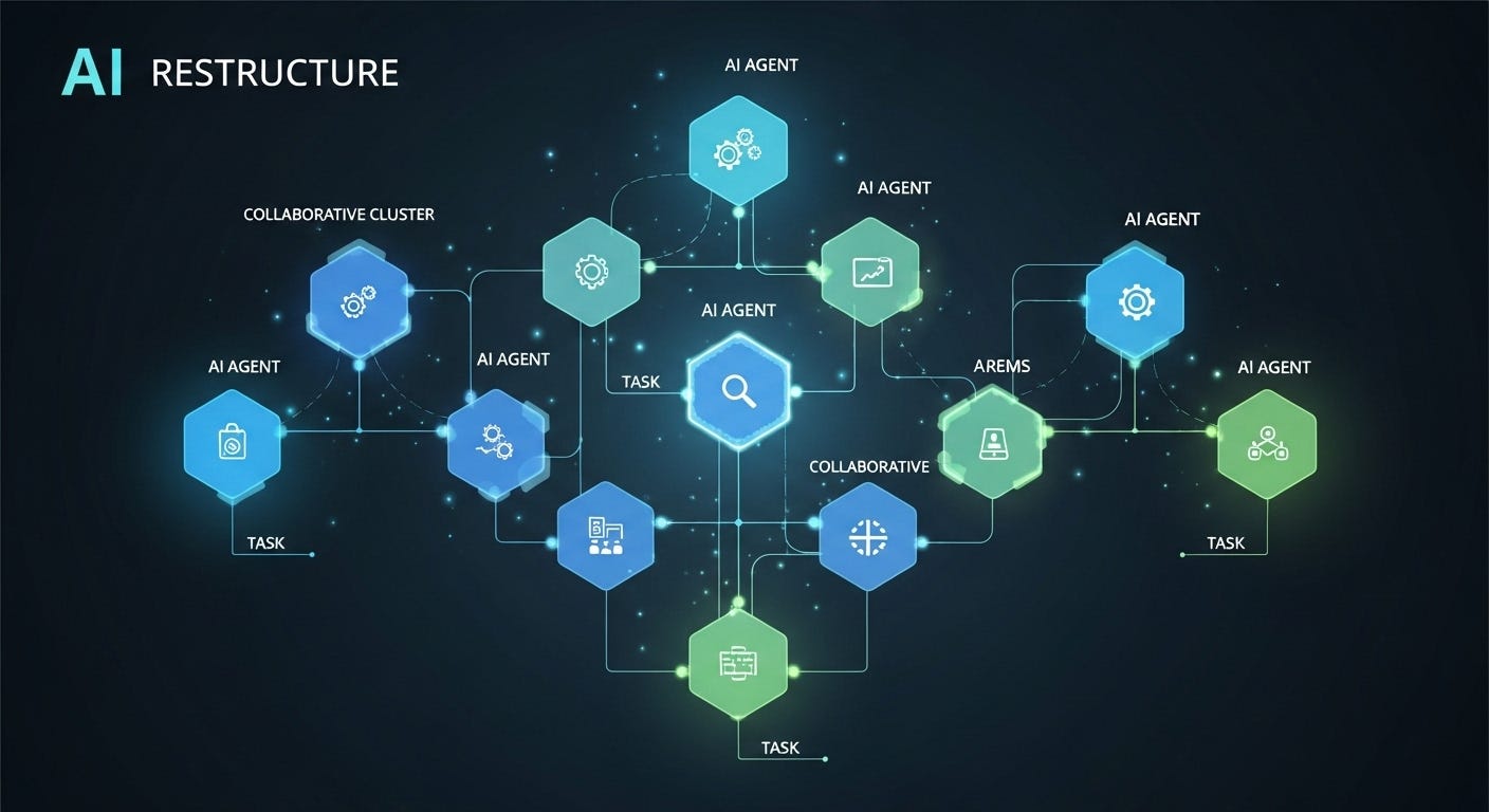 Illustration of AI agents as digital collaborators in a corporate organization chart, showing seamless coordination and workflow restructuring to support business consulting and training in the AI era.
