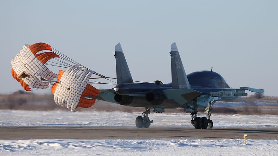 A Su-34 with its drogue parachute deployed A Su-34 with its drogue parachute deployed