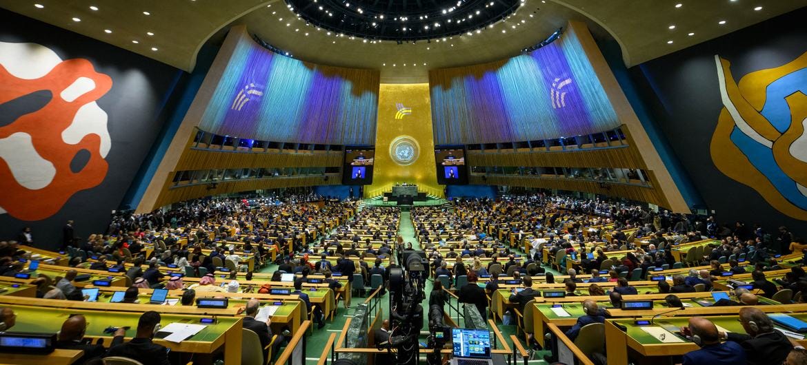 A wide shot of the UN General Assembly meeting in New York for the Summit of the Future