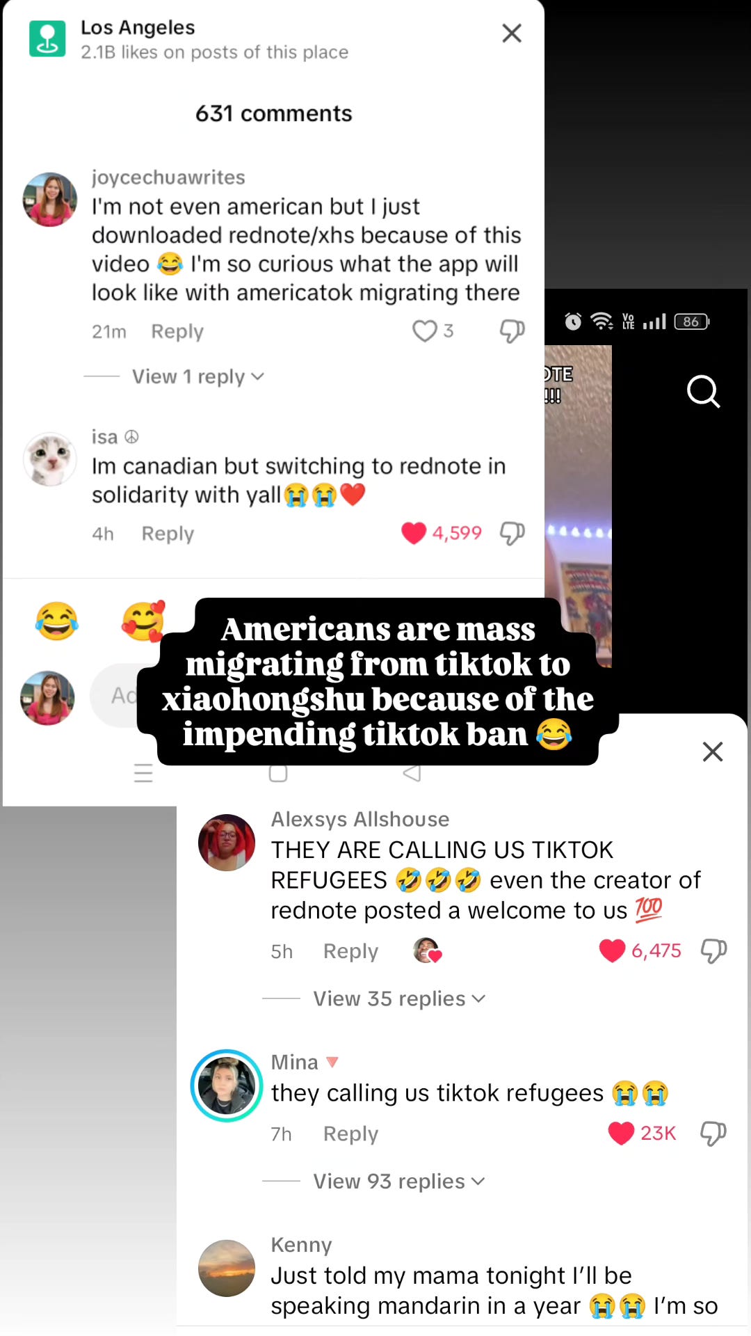 screenshot of tiktok comments about rednote