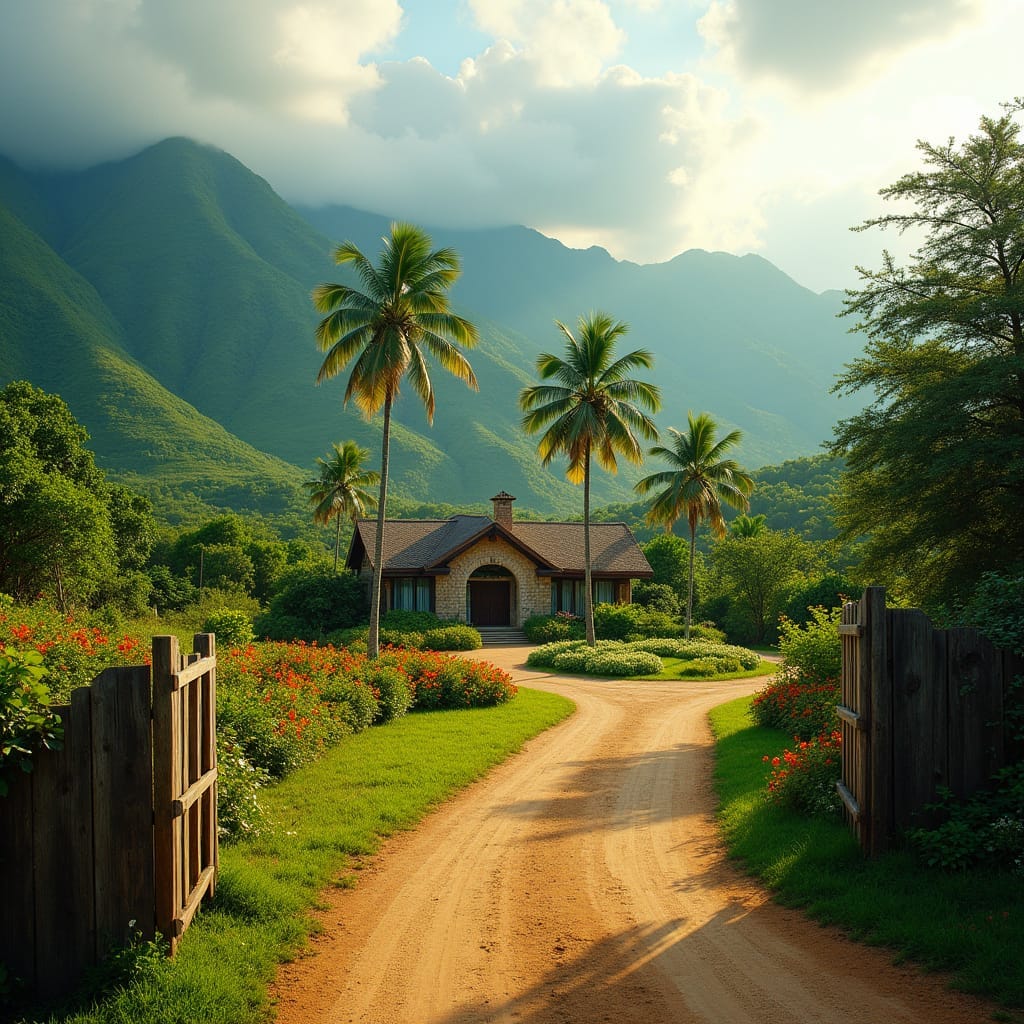 A Jamaican countryside landscape with a winding dirt road, dominated by the lush green hills of the Blue Mountains, serving as the servient estate, while a nearby rustic wooden gate marks the boundary of the dominant estate, a rural property with a picturesque stone cottage, surrounded by vibrant tropical flowers and towering palm trees, bathed in the warm, golden light of the late afternoon sun, with a hint of mist rising from the valley below,