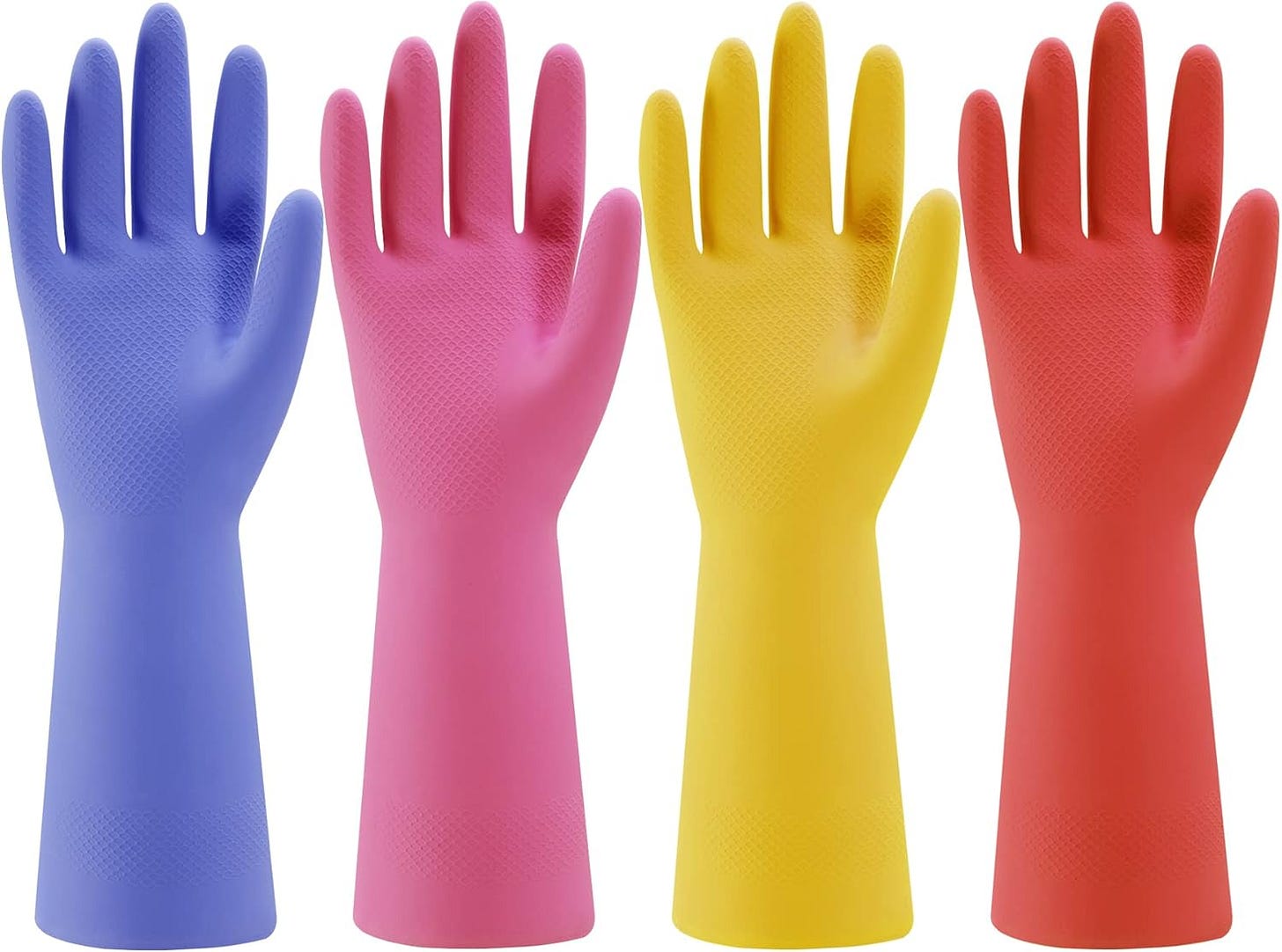 Set of 4 rubber dishwashing gloves one each: lavender, pink, yellow, red