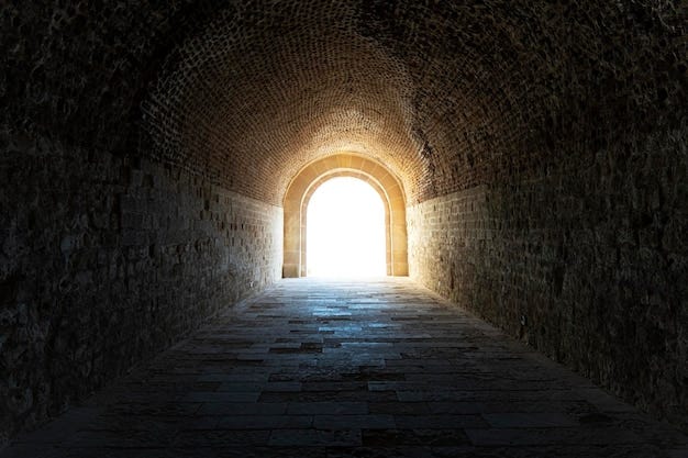 The dark tunnel in the catacomb light at the end of the tunnel Premium Photo