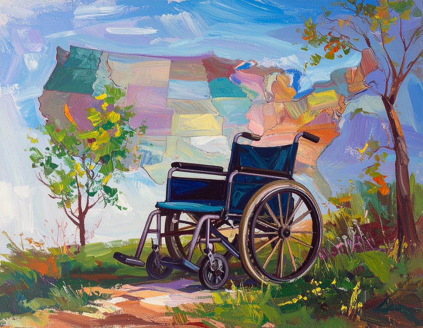 This is an AI-generated image of a wheelchair in front of a map of the United States.