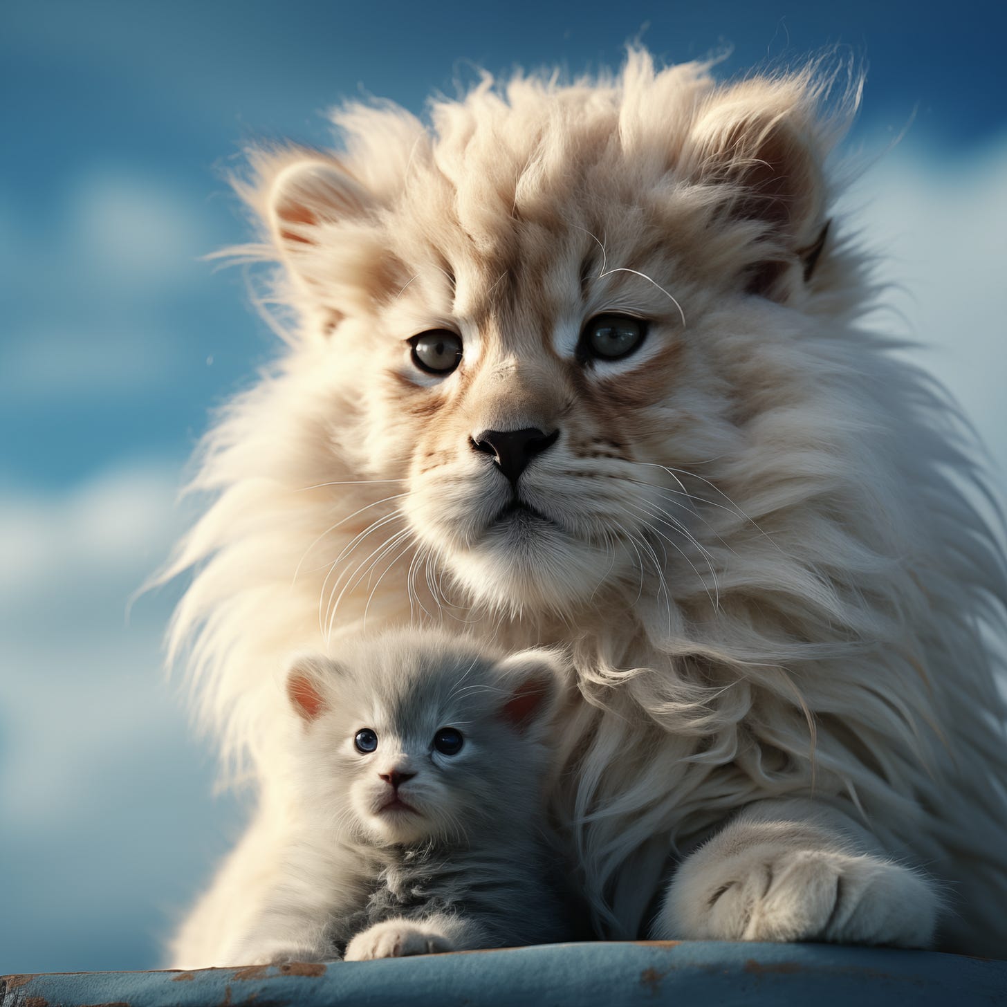 A fluffy lion and a soft gray kitten side by side, gazing outward beneath a blue sky. The image evokes strength, tenderness, and creative growth.