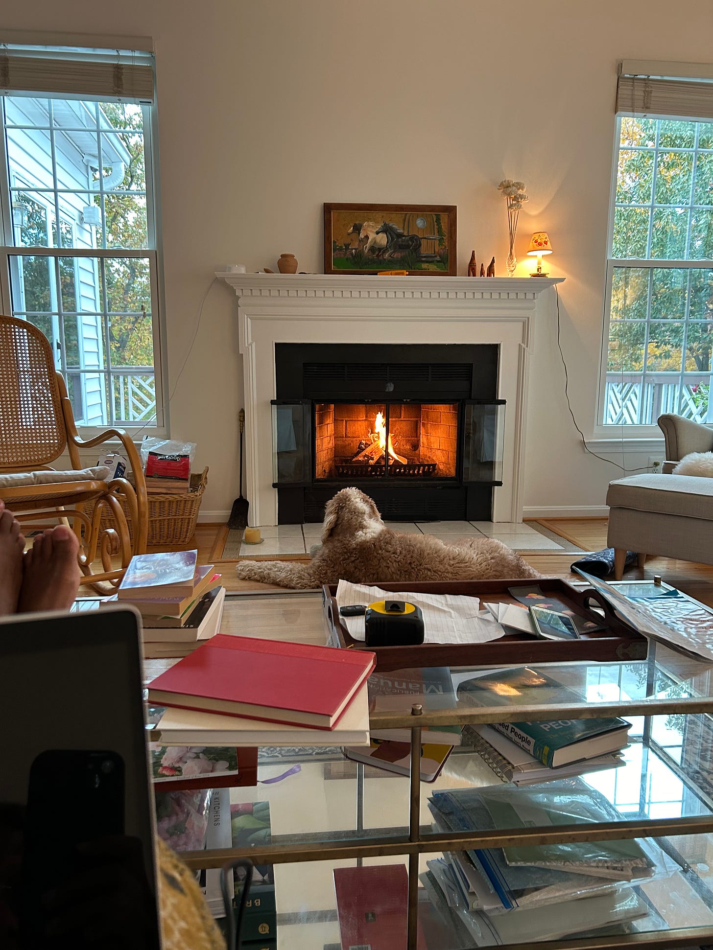 August watches a roaring fire in Lisette's living room