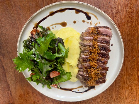 I ordered a two-course lunch at Awicha. The ceviche mixto featured cocoa mucilage. The duck marget featured beautifully cooked duck, potato puree, and a hearty salad. The Culpiña was a blend of pineapple and coriander.