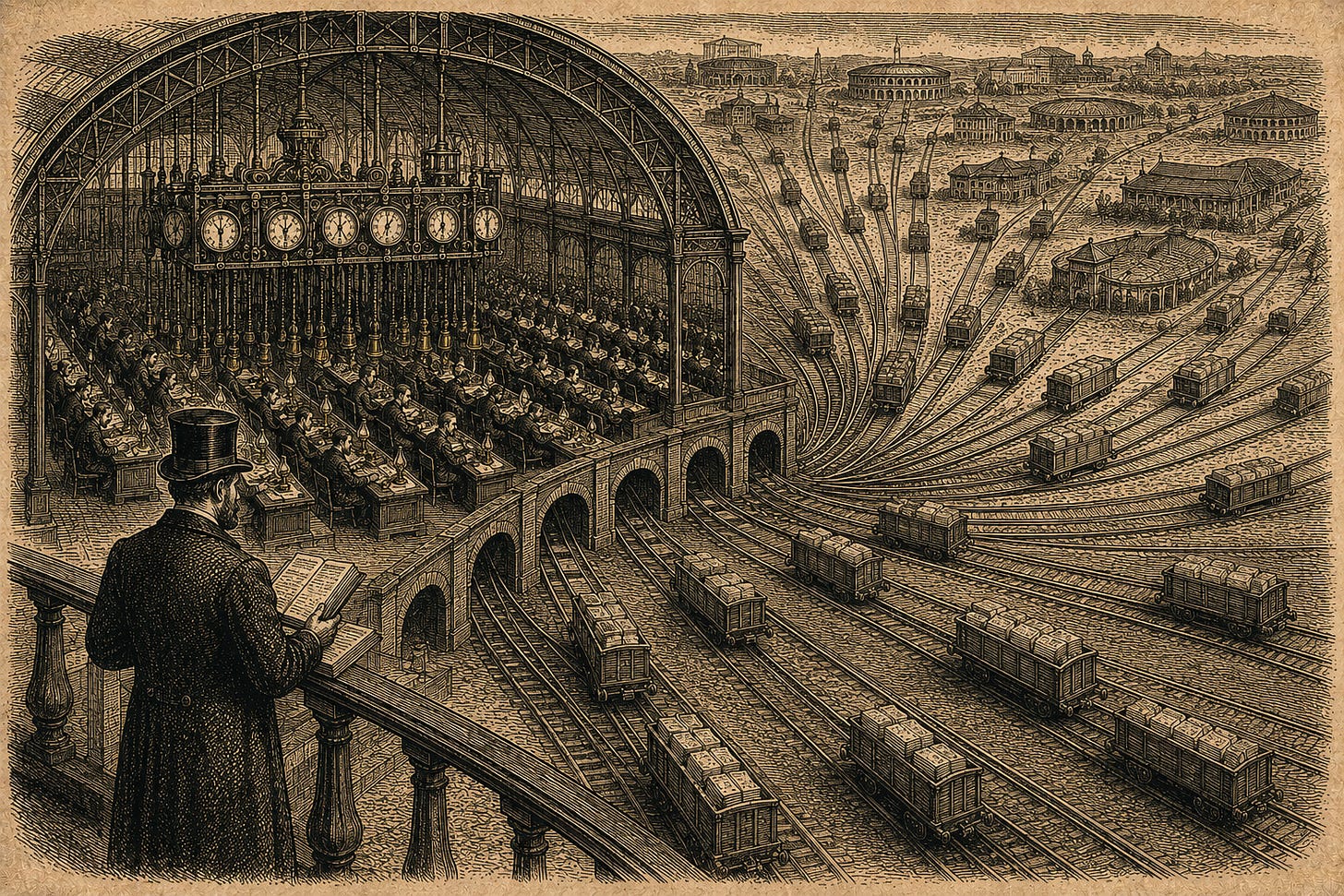 Wood-engraving editorial illustration in the Thomas Nast Harper's Weekly style for Attention Capital's essay The Sphere Is Collateral. A vast 19th century railway switchyard fans iron rails outward from a central clearing house station toward dozens of distant venues on the horizon, while telegraph operators at long benches transmit ticket sales by brass key under a hanging iron framework of clearing dials. A single banker observes the whole network from a raised platform with a bound ledger. The image visualizes Live Nation and Ticketmaster as the platform and transaction layer of the live events vertical, supporting the essay's argument that the global concert calendar runs as a forward-flow receivables network ready to be underwritten as a warehouse facility.