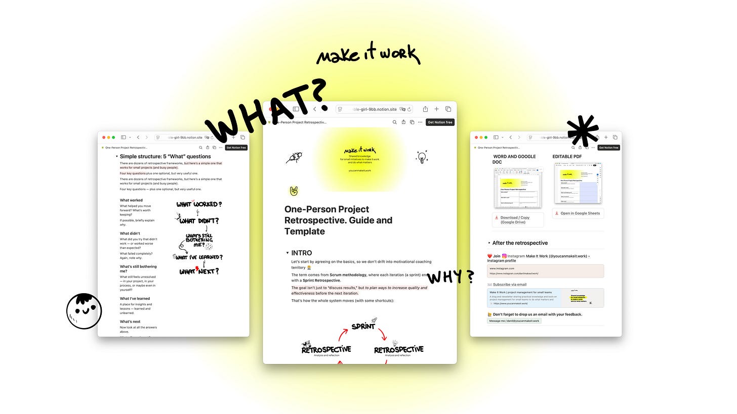 Illustrated preview of the Make It Work one-person project retrospective guide and templates. Illustrated preview of the Make It Work one-person project retrospective guide and templates.